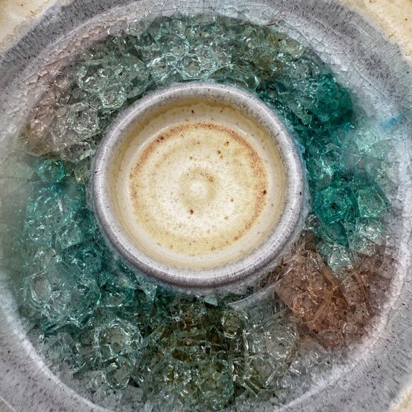 Stoneware Crackle Glaze Votive Candle Holder Dish Crushed Glass Pottery USA - Picture 5 of 8